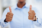 Thumbs up, business person and hands for success, winning deal and achievement in office. Closeup of employee show emoji, sign and like for certified feedback, voting yes and thank you for excellence
