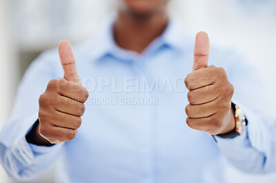 Buy stock photo Thumbs up, business person and hands for success, winning deal and achievement in office. Closeup of employee show emoji, sign and like for certified feedback, voting yes and thank you for excellence