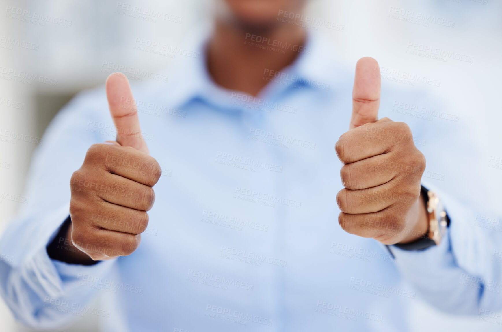 Buy stock photo Thumbs up, business person and hands for success, winning deal and achievement in office. Closeup of employee show emoji, sign and like for certified feedback, voting yes and thank you for excellence