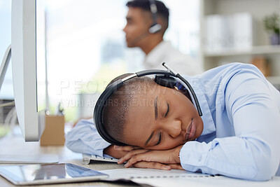 Buy stock photo Call center, burnout and tired black woman sleeping in office exhausted from consulting for crm, faq or contact us. Telemarketing, fatigue or lady consultant with desk nap break from customer service