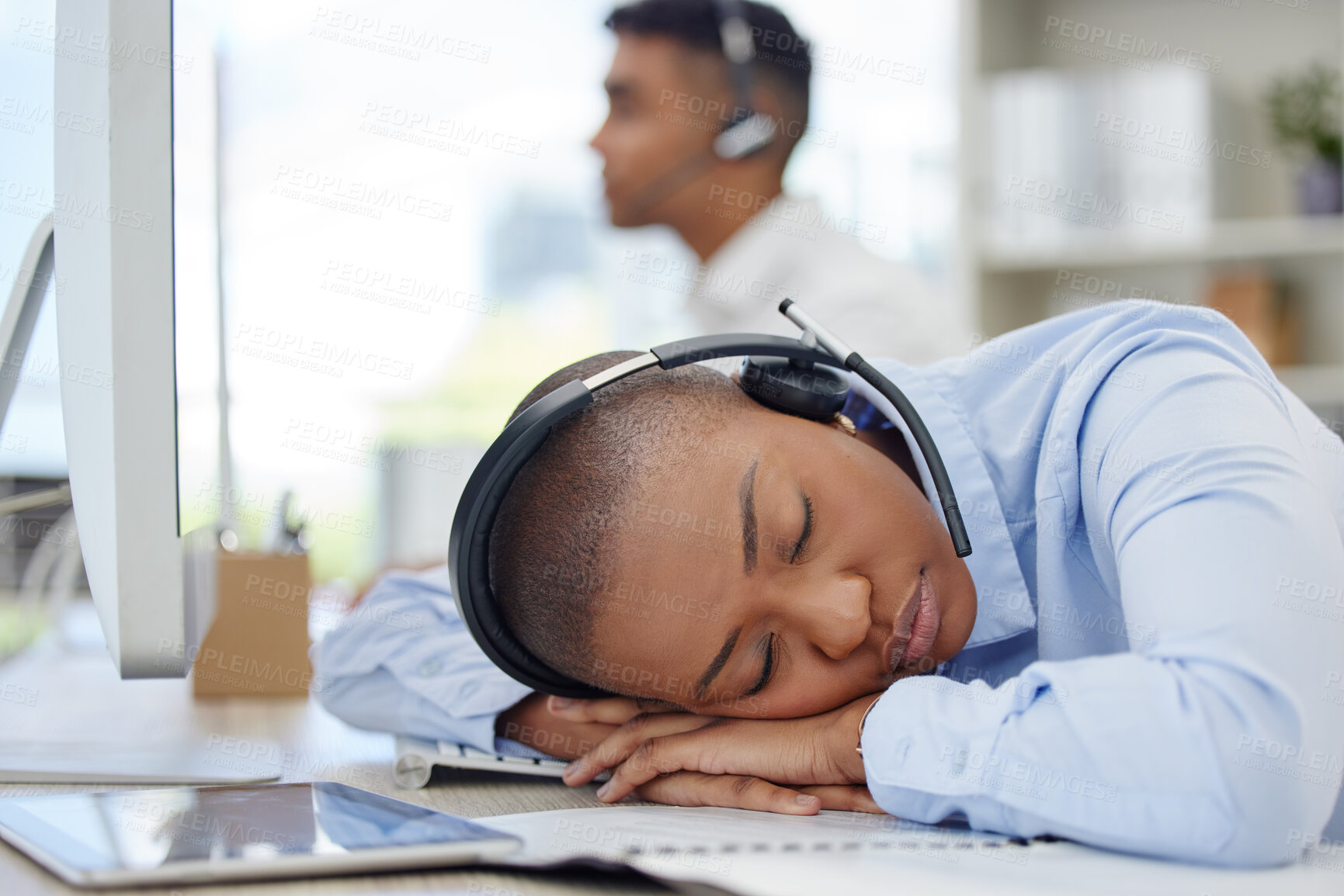 Buy stock photo Call center, burnout and tired black woman sleeping in office exhausted from consulting for crm, faq or contact us. Telemarketing, fatigue or lady consultant with desk nap break from customer service