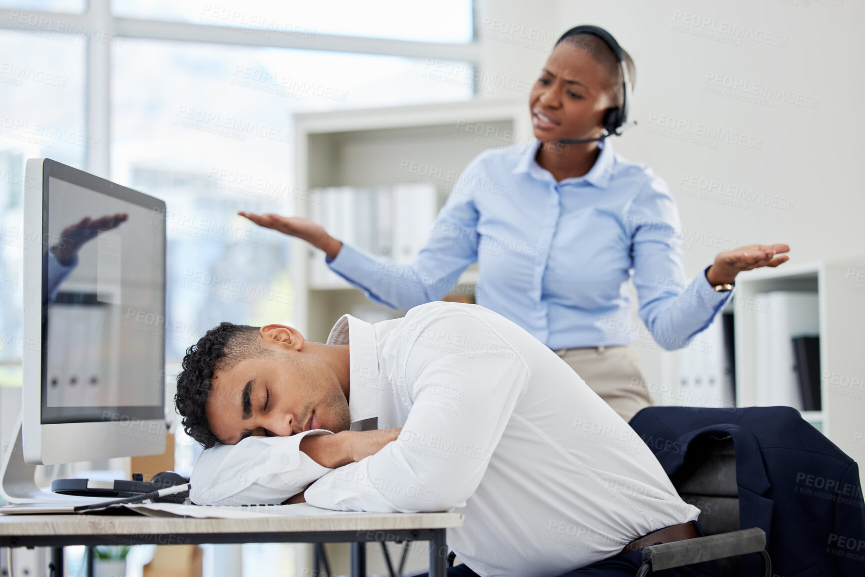 Buy stock photo Call centre, angry and man, tired or sleeping for fatigue in with manager, what or gesture for rest by desk. Diverse, woman agent or question in confused, face or wtf for employee by computer