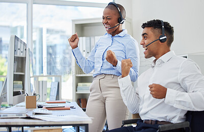 Buy stock photo People, call center winner and computer for success, winning and telecom achievement, target celebration or sales. Happy agent or consultant teamwork with yes, fist or excited for telemarketing goals