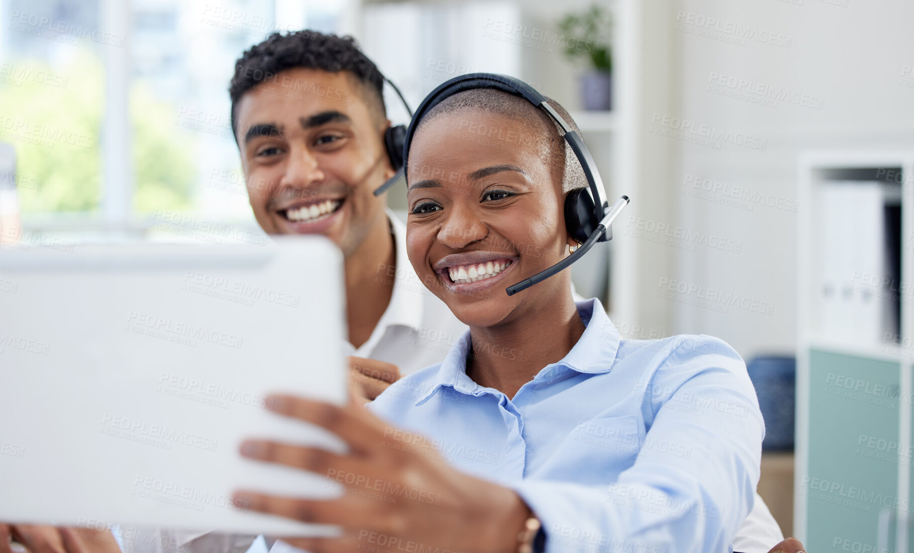 Buy stock photo Call center, tablet or business people selfie in office for contact us, customer support or consulting service. Telemarketing, app or lead generation consultant team with social media profile picture