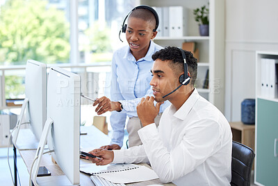 Buy stock photo Call centre, woman and man for help on computer in office for training, software or navigation of system. Diversity, people and headset for customer care, support or helpdesk by telecommunication