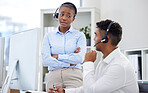 Woman, headset and arms crossed for problem in office with training, onboarding and call centre dashboard. Female manager, employee and annoyed face for discussion, talk or conversation in workplace