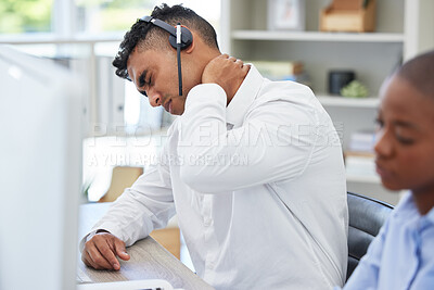 Buy stock photo Call center, burnout and man with neck pain stress in office consulting for crm, contact us or customer support. Telemarketing, injury and consultant with posture problem, arthritis or fibromyalgia