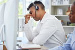 Business man, headache and call center stress, pain or frustrated on computer with sales fail, crisis or bad news. Agent, people or consultant with depression, burnout or tired in telemarketing job