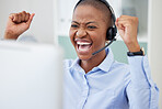 Business woman, winner and call center success, celebration or yes for goals, achievement or sales on computer. Happy African consultant or excited agent with fist for bonus, winning or news online