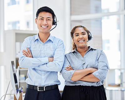 Buy stock photo Call center, portrait and team smile together in office with headset for telemarketing sales. Diversity workplace for man and woman agent with arms crossed for customer service or contact us support