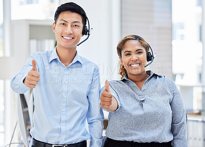 Buy stock photo Portrait, call centre and people with thumbs up for team success, support or customer service excellence. Telemarketing, group smile and like hand emoji for diversity, goals and thank you for sales.