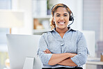 Portrait, callcenter and woman with arms crossed for telemarketing, customer service and support. Face, contact us and confident sales agent, happy consultant and crm employee from South Africa.