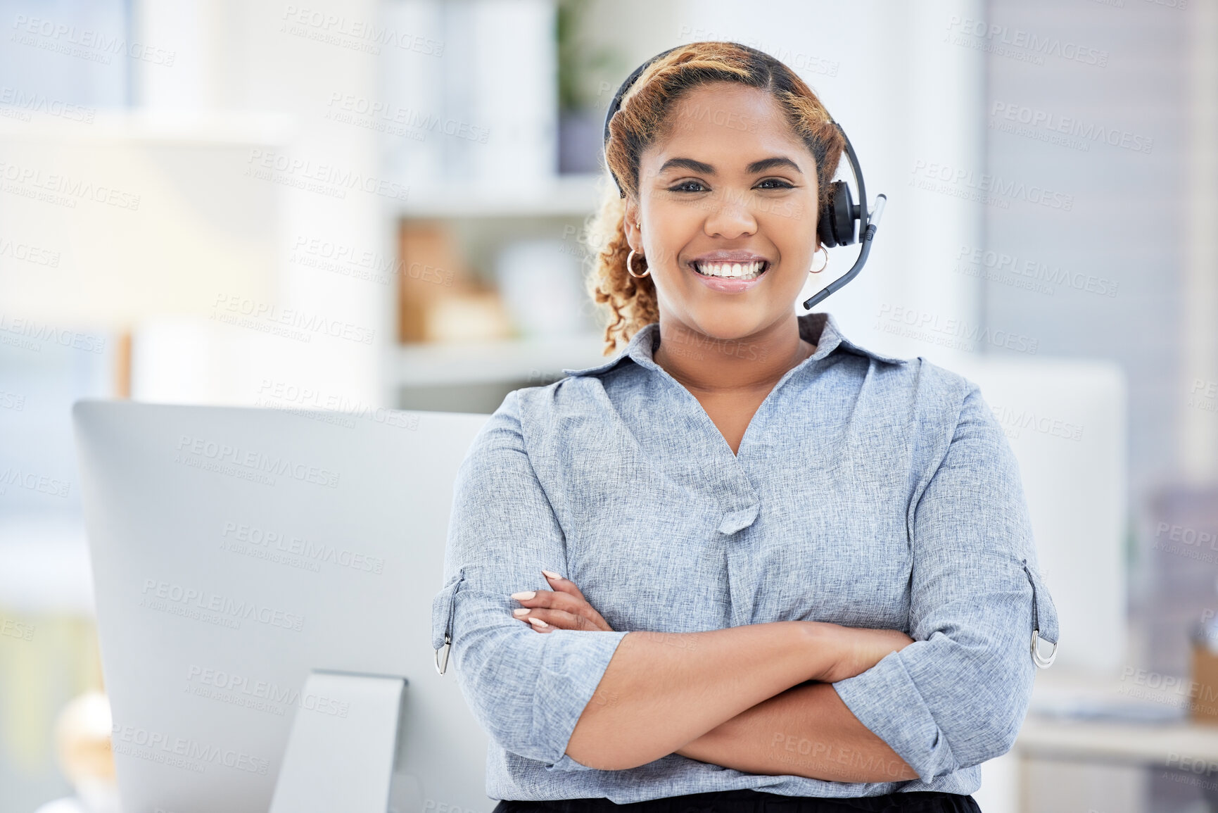 Buy stock photo Portrait, callcenter and woman with arms crossed for telemarketing, customer service and support. Face, contact us and confident sales agent, happy consultant and crm employee from South Africa.