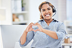 Callcenter agent, woman with smile and heart hands in portrait, love customer service job and feedback. Hand gesture, care emoji and female consultant happy with job at contact center and support