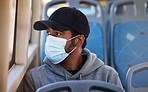 Man, mask or travel in bus in city, cold protection or window view for thinking on journey. Young person, cap or medical cover on mouth for flu virus, transport safety or healthcare rules on vehicle