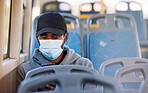 Man, mask or travel in bus with phone, cold protection or technology for social media on trip. Young person, cap or medical cover on mouth for flu virus, transport safety or cellphone to read ebook