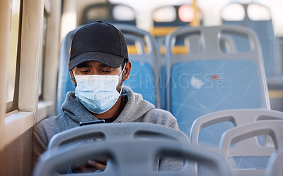 Buy stock photo Man, mask or travel in bus with phone, cold protection or technology for social media on trip. Young person, cap or medical cover on mouth for flu virus, transport safety or cellphone to read ebook