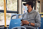 Smartphone, man and mask with bus travel, connection and social media with internet, public transportation or reading notification. Person, traveller or guy with face cover, covid policy or cellphone