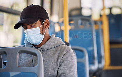 Buy stock photo Man in bus with mask, checking phone and morning travel to city, reading service schedule or social media. Public transport safety in covid, urban commute and person in sitting with smartphone app.