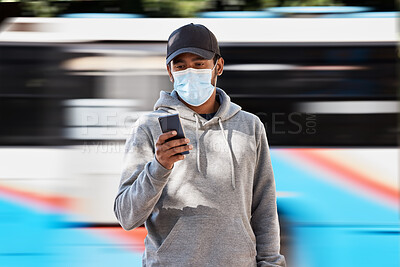 Buy stock photo Man, mask or cellphone in city, bus and cold protection or text notification on travel in town. Young person, urban and medical cover on mouth for flu virus, transport safety and healthcare crisis