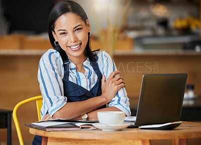 Buy stock photo Cafe owner calculating coffee shop budget, financial payments and menu planning. Successful startup entrepreneur or small business owner of restaurant on laptop working with finances and profits