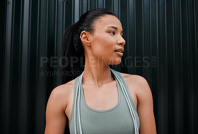 Buy stock photo Fit female personal trainer, fitness coach or athlete after gym jump rope cardio exercise and training workout. Healthy, slim and edgy athlete or health and wellness transformation expert