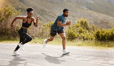 Buy stock photo Fitness, training and black couple running, outdoor and cardio with endurance health and wellness. Runners, man and woman in the street, run or progress with speed, cardio and marathon with a target