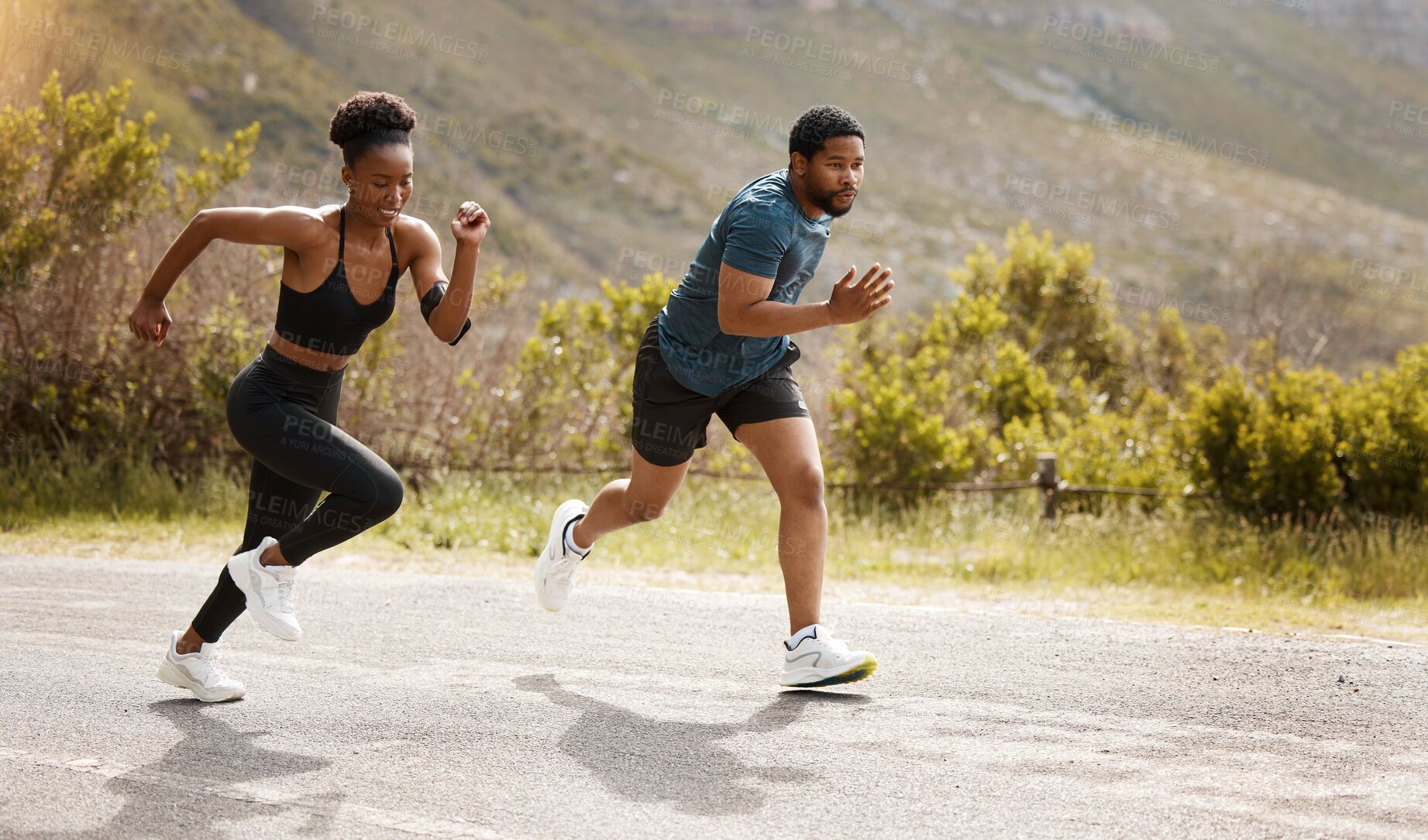 Buy stock photo Fitness, training and black couple running, outdoor and cardio with endurance health and wellness. Runners, man and woman in the street, run or progress with speed, cardio and marathon with a target