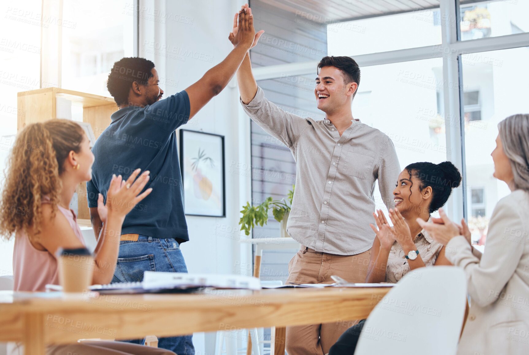 Buy stock photo Business people giving high five for success in meeting, people clapping hands for team achievement and in celebration of company win. Excited, growth and support in partnership at work office