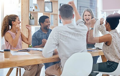 Buy stock photo Business people celebration for goals, motivation and target in a planning meeting at work. Professional advertising and marketing workers cheering and happy for success express support in an office
