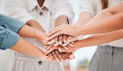 Buy stock photo Hands, teamwork and collaboration of business people working together in cooperation for goal. Support, trust and group hand motivation team building circle or huddle for vision, success or target.