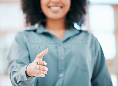Buy stock photo Welcome, thank you and deal handshake by business woman with goal or vision for b2b partnership. Coaching, training and leader offer success with mission or target, excited for innovation and change