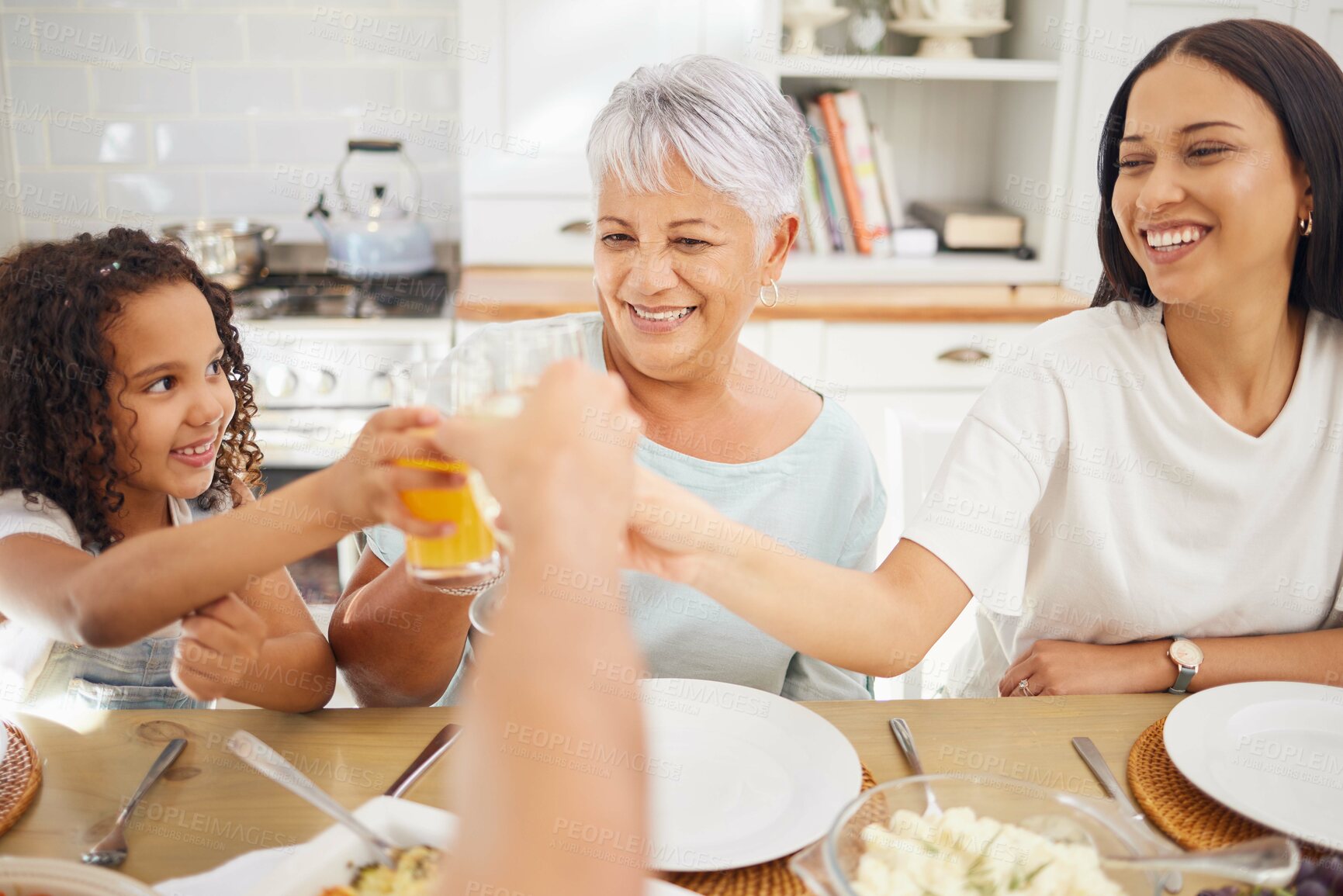 Buy stock photo Orange juice, celebration and family breakfast with child and grandmother for wellness, healthy life and growth development. Senior woman, girl kid or people doing drink cheers at home holiday brunch