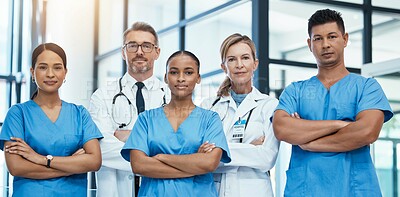 Buy stock photo Doctors, nurses or arms crossed in hospital for healthcare, wellness vision or collaboration trust. Portrait, teamwork or consulting medical workers and life insurance security in medicine innovation