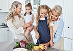 Family, cooking and vegetables, women and girl together in kitchen, spending quality time and bonding. Mother, daughter and grandmother, fresh and healthy food, nutrition and life skill development.