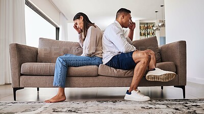 Buy stock photo Fight, frustrated and couple with a problem in their marriage on the living room sofa of their house. Sad, angry and depressed man and woman thinking of divorce, conflict and mistake on the couch