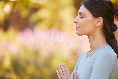 Buy stock photo Calm, meditation and woman doing yoga in park for peace, quiet and zen. Healthy lifestyle, relax and hands of girl together to mediate in nature. Motivation, wellness and mindful exercise in morning