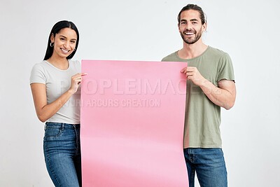 Buy stock photo Mock up, banner advertising and young man and woman smile with pink poster for marketing or product placement. Blank space design, sign cardboard and models for branding or logo advertisement