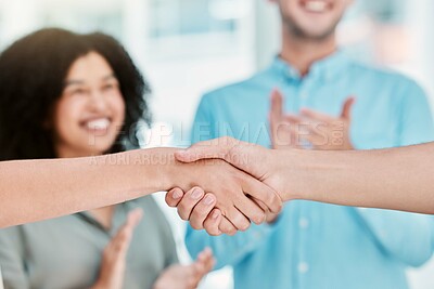 Buy stock photo Business deal, handshake and partnership with employees shaking hands in b2b office agreement after negotiation. Hiring, closeup and hands of man and woman partner celebrate collaboration success
