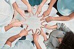 Business people, hands and peace in support above for trust, unity or teamwork for company goals at the office. Hand of group in corporate solidarity, partnership and star symbol with fingers at work