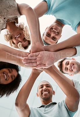 Buy stock photo Hands together, support and teamwork people for business collaboration, team building and work motivation. Happy group of people stacked sign for mission, community trust and diversity success below
