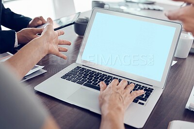 Buy stock photo Business meeting, collaboration and laptop with mockup or green screen in startup office planning transformation for digital marketing company. Strategy, teamwork and technology, contact us website.