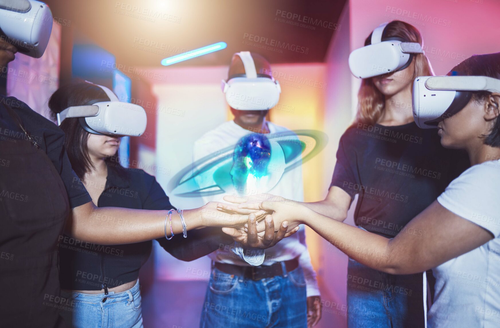 Buy stock photo Vr headset, planet hologram and group of people connect hands with 3d ai virtual world, global or galaxy. Metaverse, planets and digital futuristic technology or gamer group in hyper virtual reality 