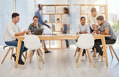 Buy stock photo Busy office, team and coworking employee group planning a digital strategy at a desk. Teamwork, collaboration and online marketing workforce with technology speaking about a advertising web schedule