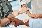 Hands, office community and diversity employee group together to show support and trust. Business, workforce and teamwork of a worker with staff giving a helping hand for the workplace collaboration