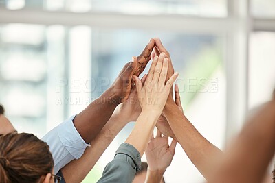 Buy stock photo Hands, high five and business people, team and success in meeting for team building, support and trust at company. Diversity in business, collaboration and solidarity between workers and win.