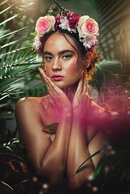 Buy stock photo Crown, flower and portrait of woman in studio for skincare, beauty and product from nature, wellness and makeup. Jungle, rose and face of girl model with leaf, plant and creative forest aesthetic