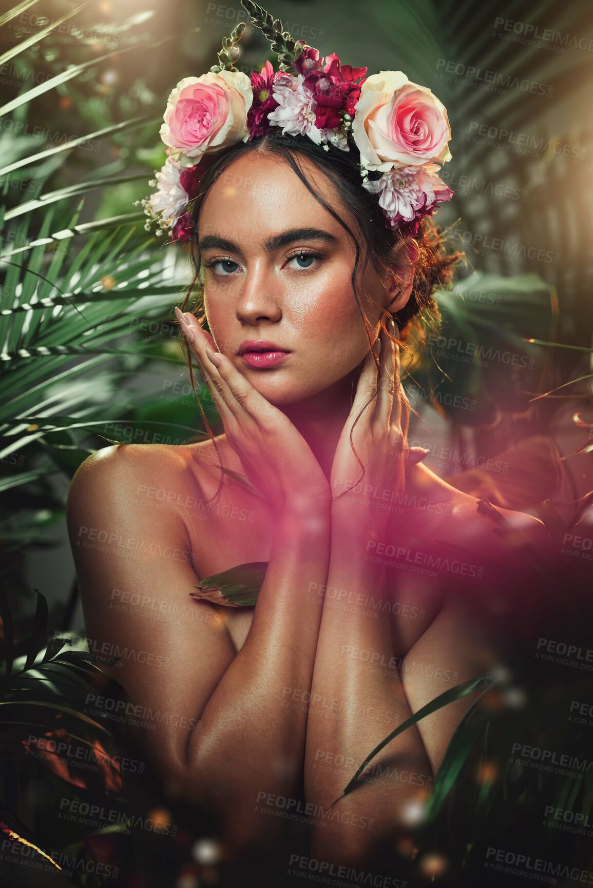 Buy stock photo Crown, flower and portrait of woman in studio for skincare, beauty and product from nature, wellness and makeup. Jungle, rose and face of girl model with leaf, plant and creative forest aesthetic