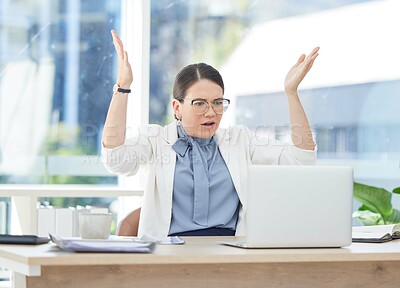 Buy stock photo Glitch, error and business woman on laptop in office with internet delay or mistake. 404, computer crash and angry, stressed or frustrated female with anxiety, pc failure or online hack and info loss