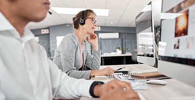 Buy stock photo Call center, computer and woman, working or telemarketing agency for customer service advice. Contact us, crm and helpdesk with operator or representative female on online conversation for support 